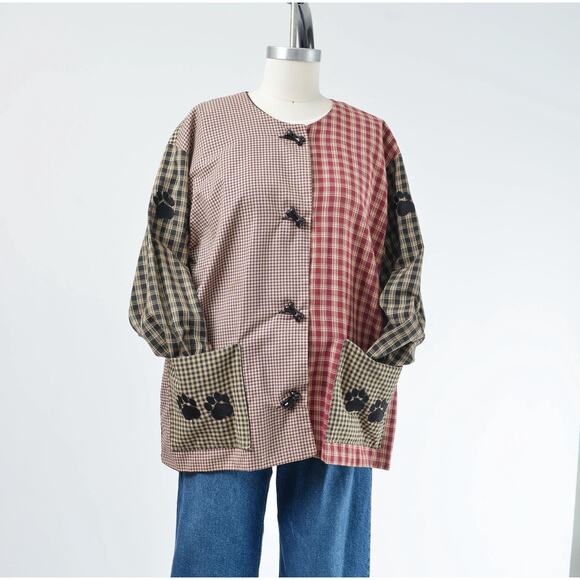 Vintage Cute Dog Lover Plaid Cotton Chore Jacket with Bone Buttons M L - Picture 3 of 8